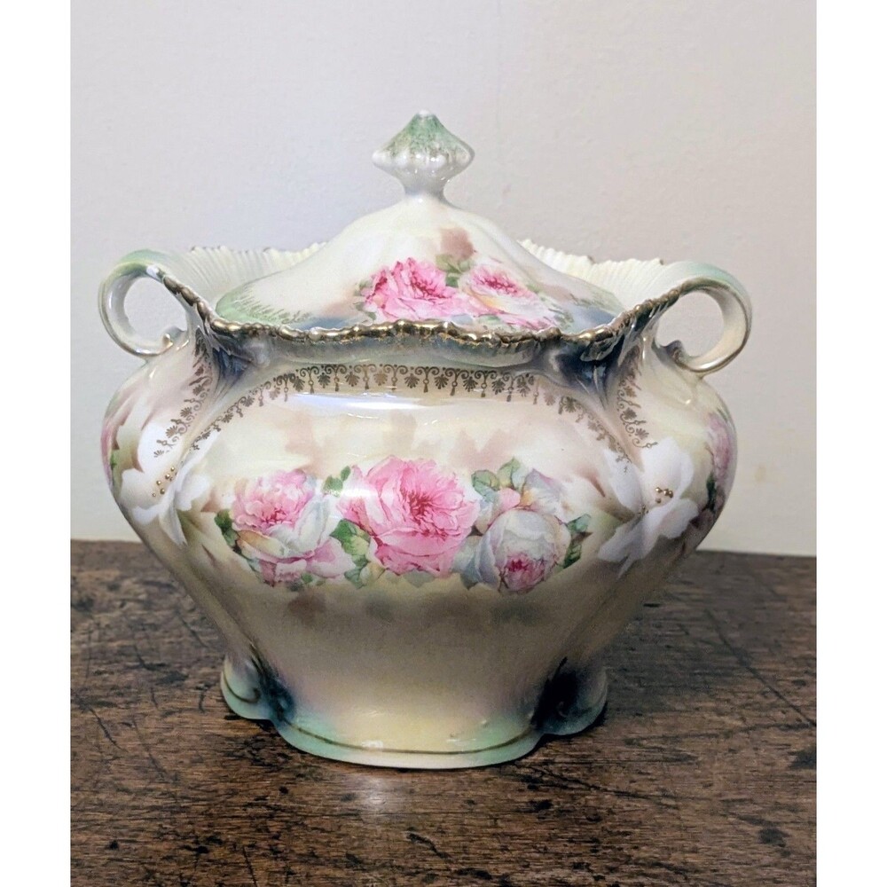 Antique RS Prussia Red Wreath Sugar Cracker Biscuit Jar Handled Moriage Rose